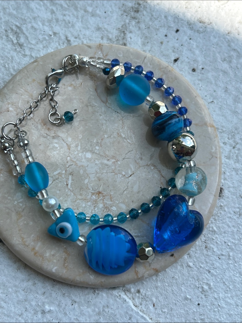 Blue Glass Heart and Bead Layered Bracelet